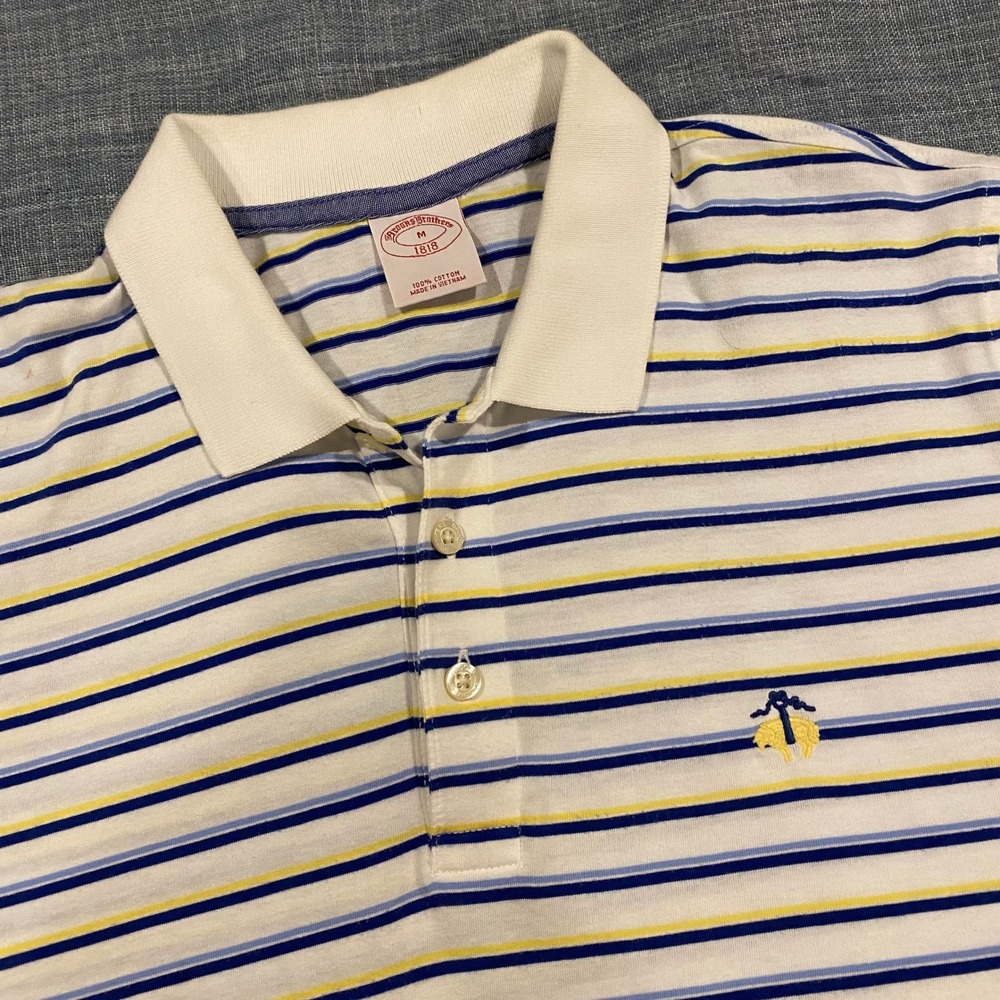 Brooks Brothers 1818 Mens White Striped Cotton Polo Shirt Blue Yellow Medium